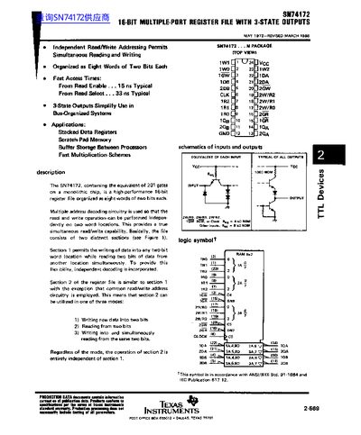 Texas Instruments SN74172 16-Bit Multiple-Port Register File Datasheet - cover page