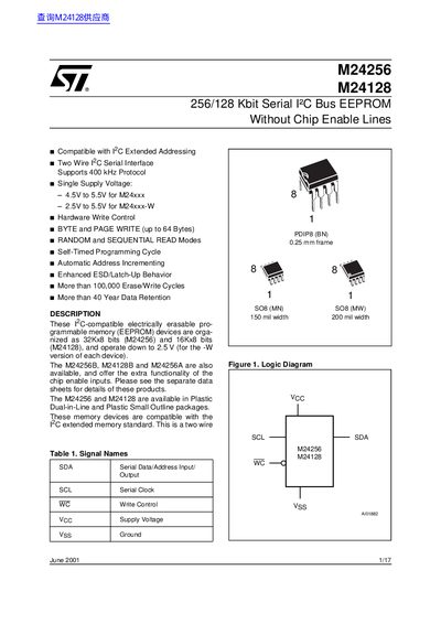 STMicroelectronics M24256 / M24128 EEPROM Data Sheet - cover page