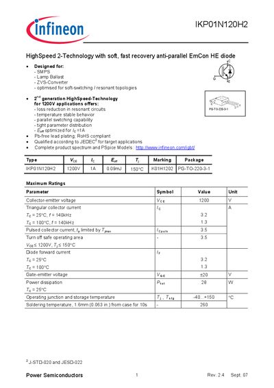 INFINEON IKP01N120H2 Manual - cover page