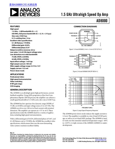 Analog Devices AD8000 Ultrahigh Speed Op Amp Datasheet