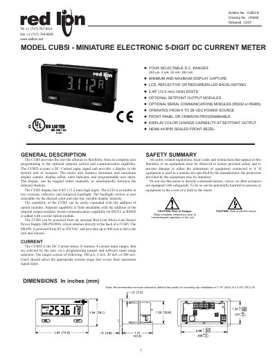RED LION CONTROLS CUB5I - MINIATURE ELECTRONIC 5-DIGIT DC CURRENT METER Manual - cover page