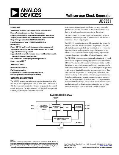 Analog Devices AD9551 Multiservice Clock Generator Datasheet - cover page