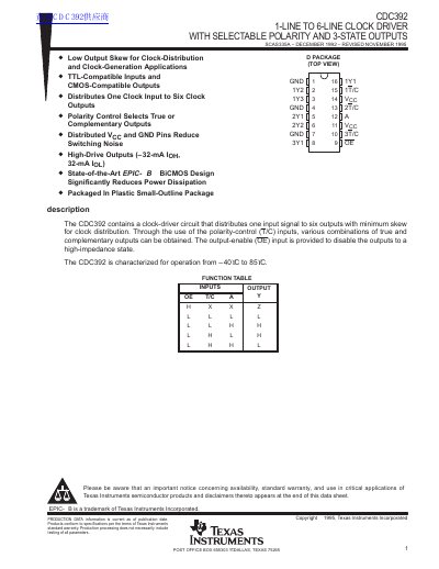 TEXAS INSTRUMENTS CDC392 1-LINE TO 6-LINE CLOCK DRIVER WITH SELECTABLE POLARITY AND 3-STATE OUTPUTS handbook - cover page