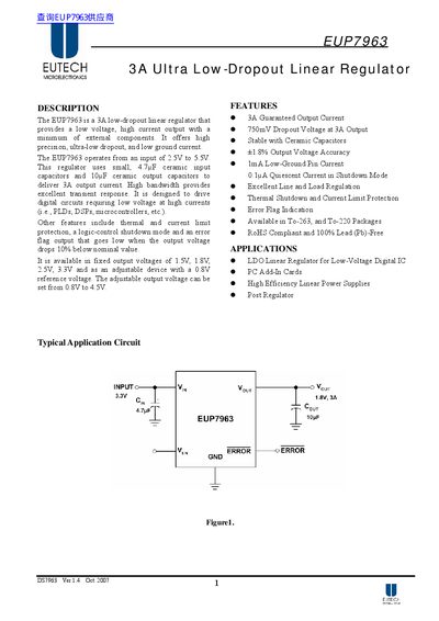Eutech EUP7963 3A Low-Dropout Linear Regulator Datasheet - cover page