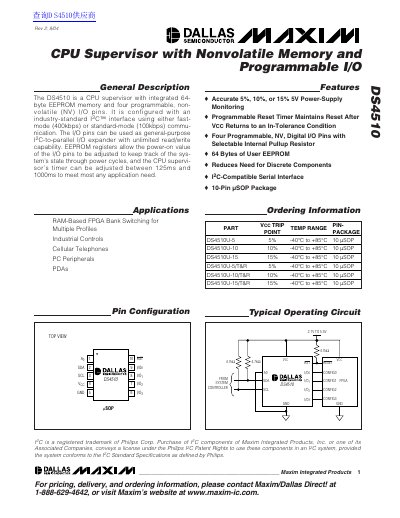 Maxim DS4510 CPU Supervisor Datasheet - cover page