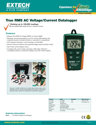 EXTECH DL150 True RMS AC Voltage/Current Datalogger Product Datasheet - cover page