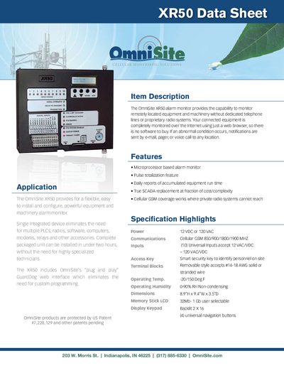 OmniSite XR50 Alarm Monitor Data Sheet - cover page