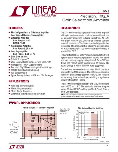 Linear Technology LT1991 Precision 100µA Gain Selectable Amplifier Datasheet - cover page