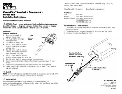 IDEAL INDUSTRIES PowerPlug Luminaire Disconnect Model 102 Installation Instructions - cover page