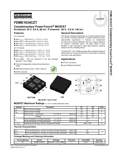Fairchild Semiconductor FDME1034CZT Complementary PowerTrench MOSFET Datasheet - cover page