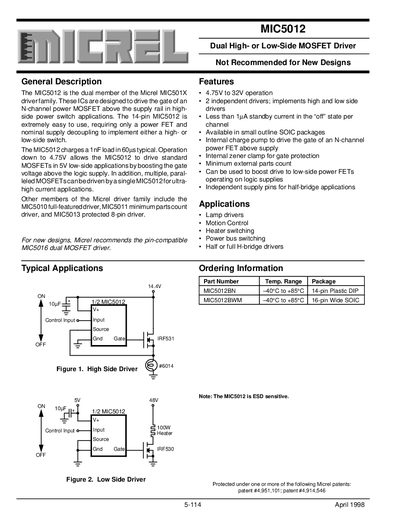 Micrel MIC5012 Dual MOSFET Driver Datasheet - cover page