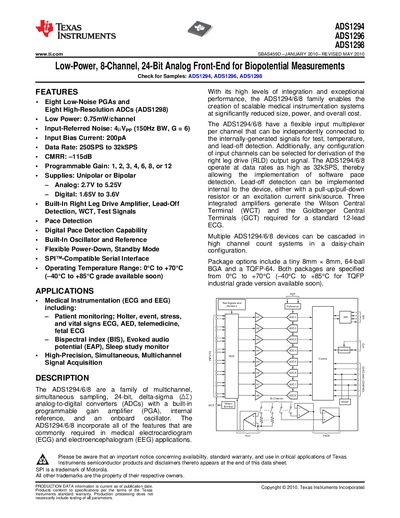 Texas Instruments ADS1294/ADS1296/ADS1298 Datasheet