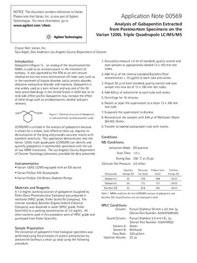 Agilent 1200L Triple Quadrupole LC/MS/MS Application Note for Gabapentin Analysis - cover page