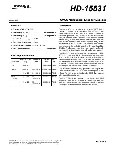 Intersil HD-15531 CMOS Manchester Encoder-Decoder Datasheet - cover page