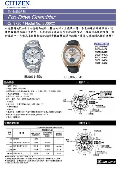CITIZEN Eco-Drive Calendrier Cal.8730 Model No. BU00XX Manual - cover page