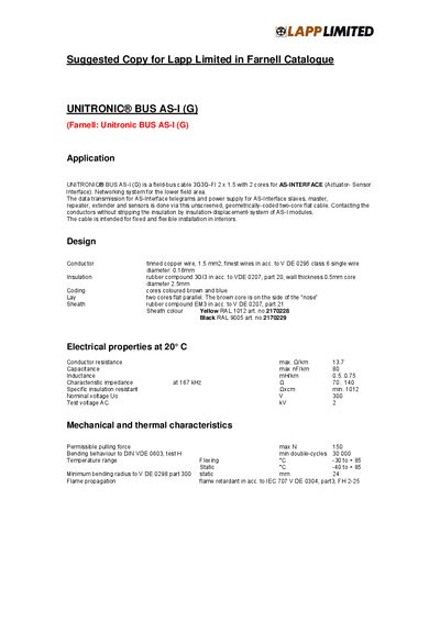 Lapp UNITRONIC BUS AS-I (G) Product Manual - cover page