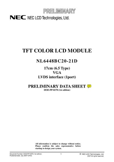 NEC NL6448BC20-21D LCD Module Data Sheet - cover page