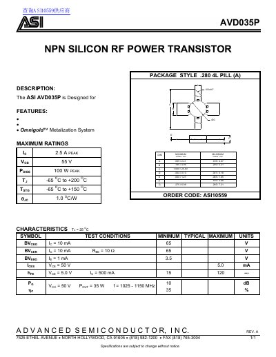 Advance Semiconductor AVD035P RF Power Transistor Datasheet - cover page