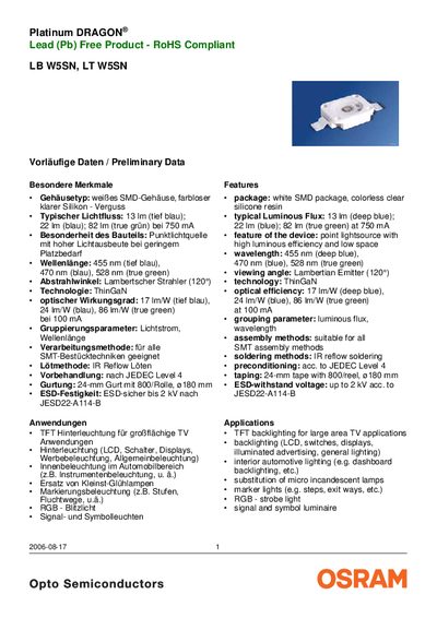 OSRAM LB W5SN / LT W5SN Preliminary Data Sheet - cover page