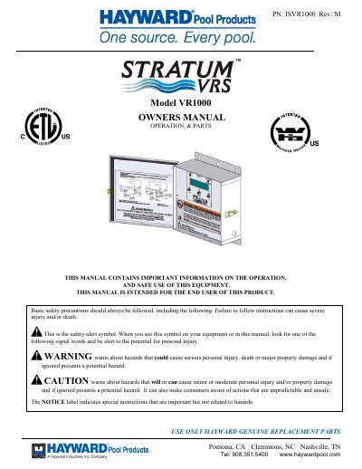 HAYWARD STRATUM Model VR1000 P/N: ISVR1000 IMPORTANT SAFETY INSTRUCTIONS