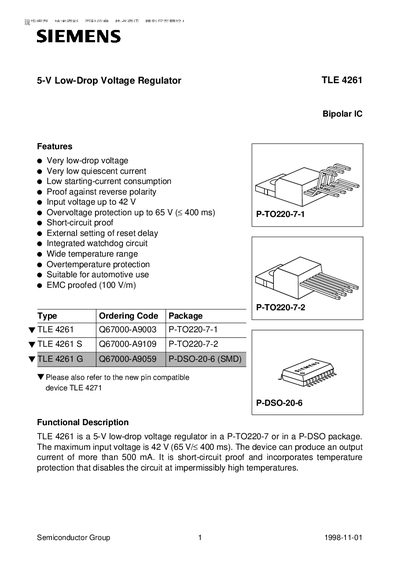 Siemens TLE 4261 5‑V Low‑Drop Voltage Regulator Datasheet - cover page
