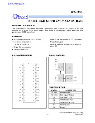 Winbond W24129A 16K x 8 High-Speed CMOS Static RAM Datasheet - cover page