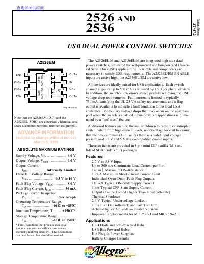 Allegro Microsystems A2526/A2536 USB Dual Power Control Switches Datasheet - cover page