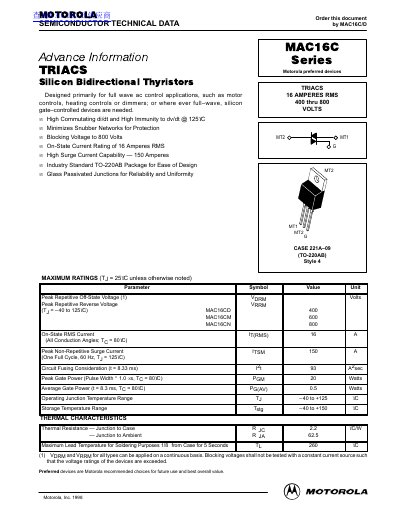 Motorola MAC16C Series Triac Datasheet - cover page