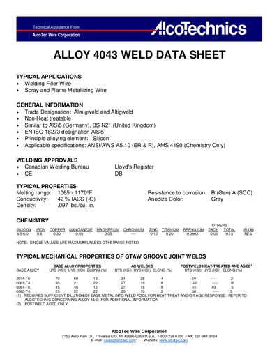 AlcoTec Alloy 4043 Weld Data Sheet - cover page