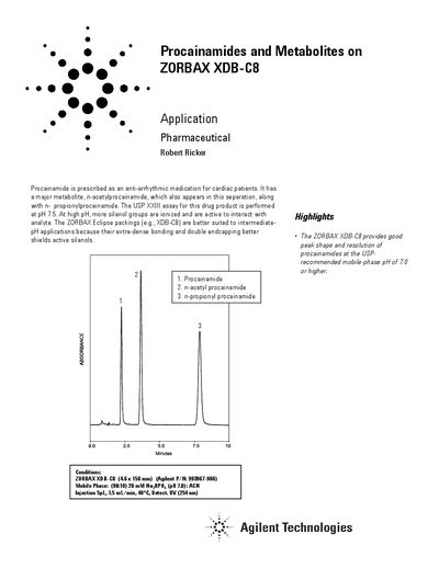 Agilent ZORBAX XDB-C8 Procainamide Metabolites Application Note - cover page