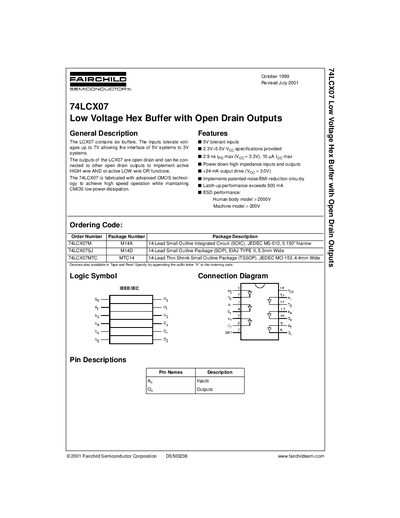 Fairchild 74LCX07 Low Voltage Hex Buffer with Open Drain Outputs Datasheet - cover page