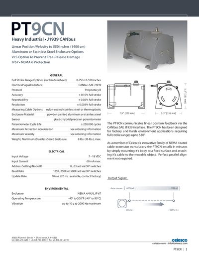Celesco PT9CN Linear Position Transducer Datasheet - cover page
