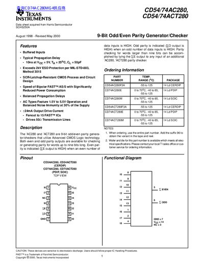 TEXAS INSTRUMENTS CD54/74AC280 CD54/74ACT280 9-Bit Odd/Even Parity Generator/Checker handbook(1)