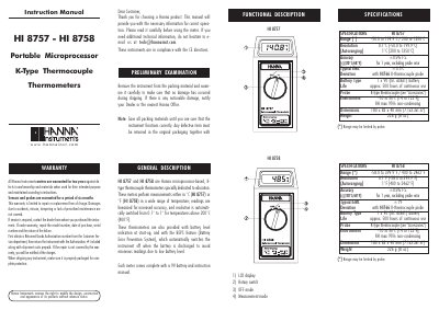 Hanna Instruments HI 8757/8758 Portable Microprocessor K-Type Thermocouple Thermometers Instruction Manual - cover page