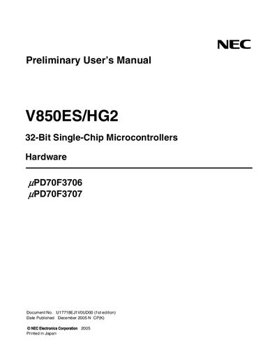 NEC V850ES/HG2 Preliminary User Manual - cover page