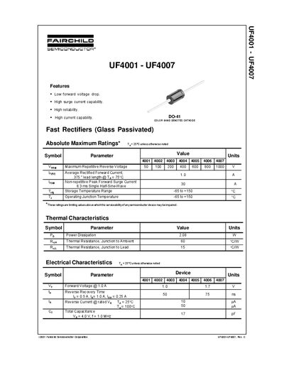 Fairchild Semiconductor UF4001-UF4007 Fast Rectifiers Datasheet - cover page