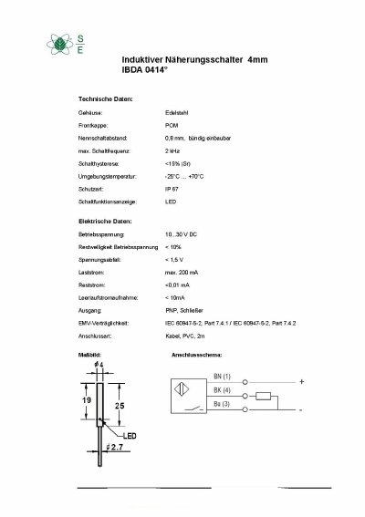 Schoenbuch IBDA 0414° Inductive Proximity Switch Datasheet - cover page