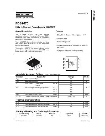 Fairchild Semiconductor FDS2670 200V N-Channel PowerTrench MOSFET Datasheet - cover page