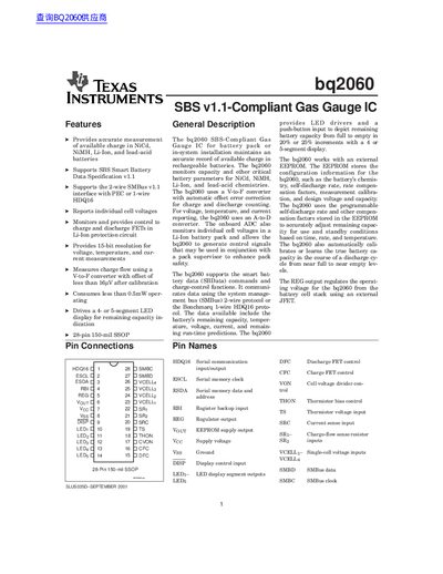 Texas Instruments bq2060 SBS v1.1-Compliant Gas Gauge IC Datasheet