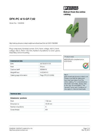 PHOENIX CONTACT DFK-PC 4/ 5-GF-7 62 Order No.: 1840586 handbook - cover page