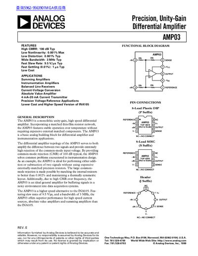 ANALOG DEVICES AMP03 Precision Unity-Gain Differential Amplifier handbook - cover page
