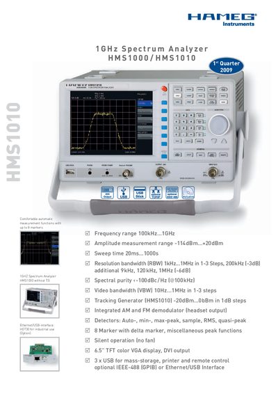 HAMEG HMS1000 HMS1010 Spectrum Analyzer Data Sheet - cover page