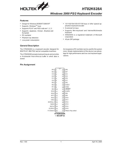 Holtek HT82K628A Keyboard Encoder Datasheet - cover page