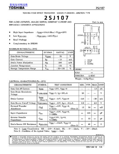 Toshiba 2SJ107 Field Effect Transistor Datasheet - cover page