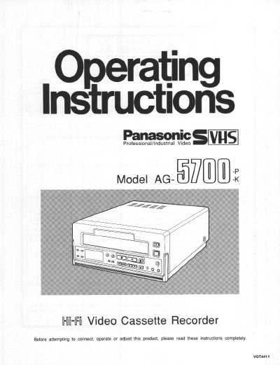 Panasonic AG-5700-P/-K Hi-Fi Video Cassette Recorder User Manual - cover page