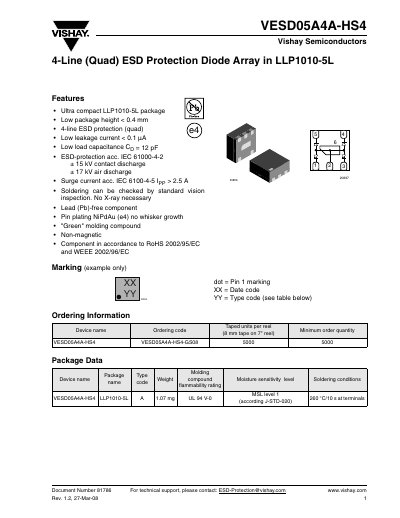 Vishay VESD05A4A-HS4 ESD Protection Diode Array Datasheet - cover page