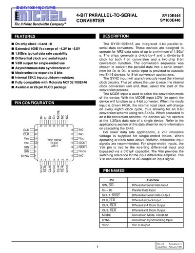Micrel SY10E446 SY100E446 4-Bit Parallel-to-Serial Converter Datasheet - cover page