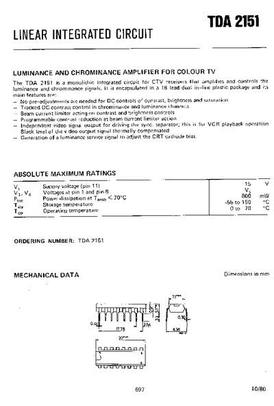 TDA 2151 Linear Integrated Circuit Datasheet - cover page