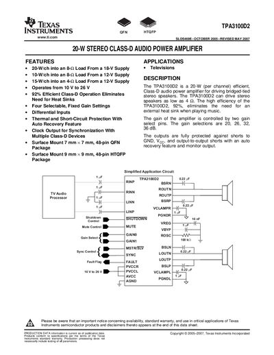 TEXAS INSTRUMENTS TPA3100D2 20-W STEREO CLASS-D AUDIO POWER AMPLIFIER - cover page
