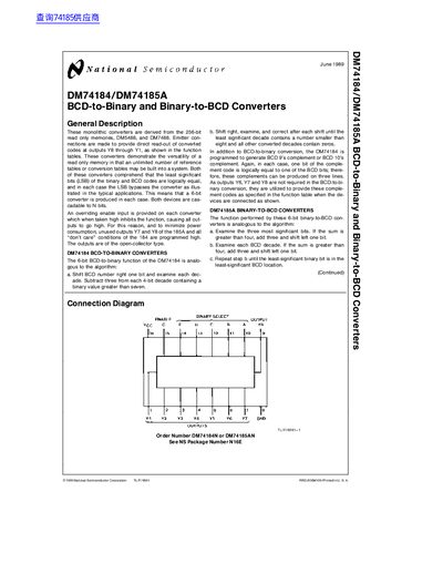 National Semiconductor DM74184/DM74185A Datasheet - cover page